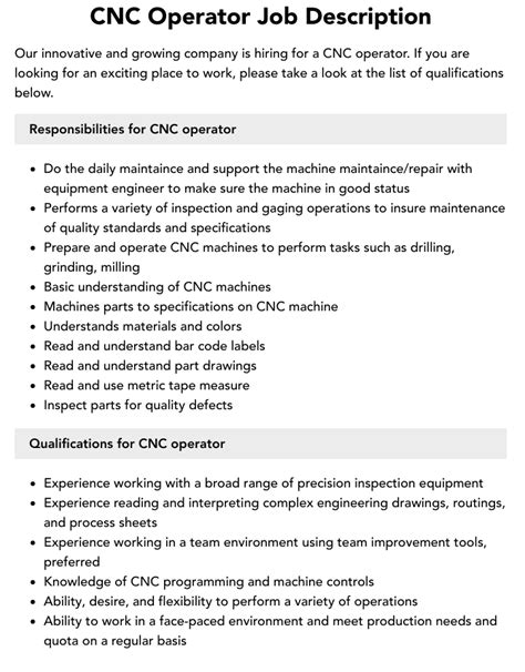 cnc machine operator duties and responsibilities|cnc operator job description sample.